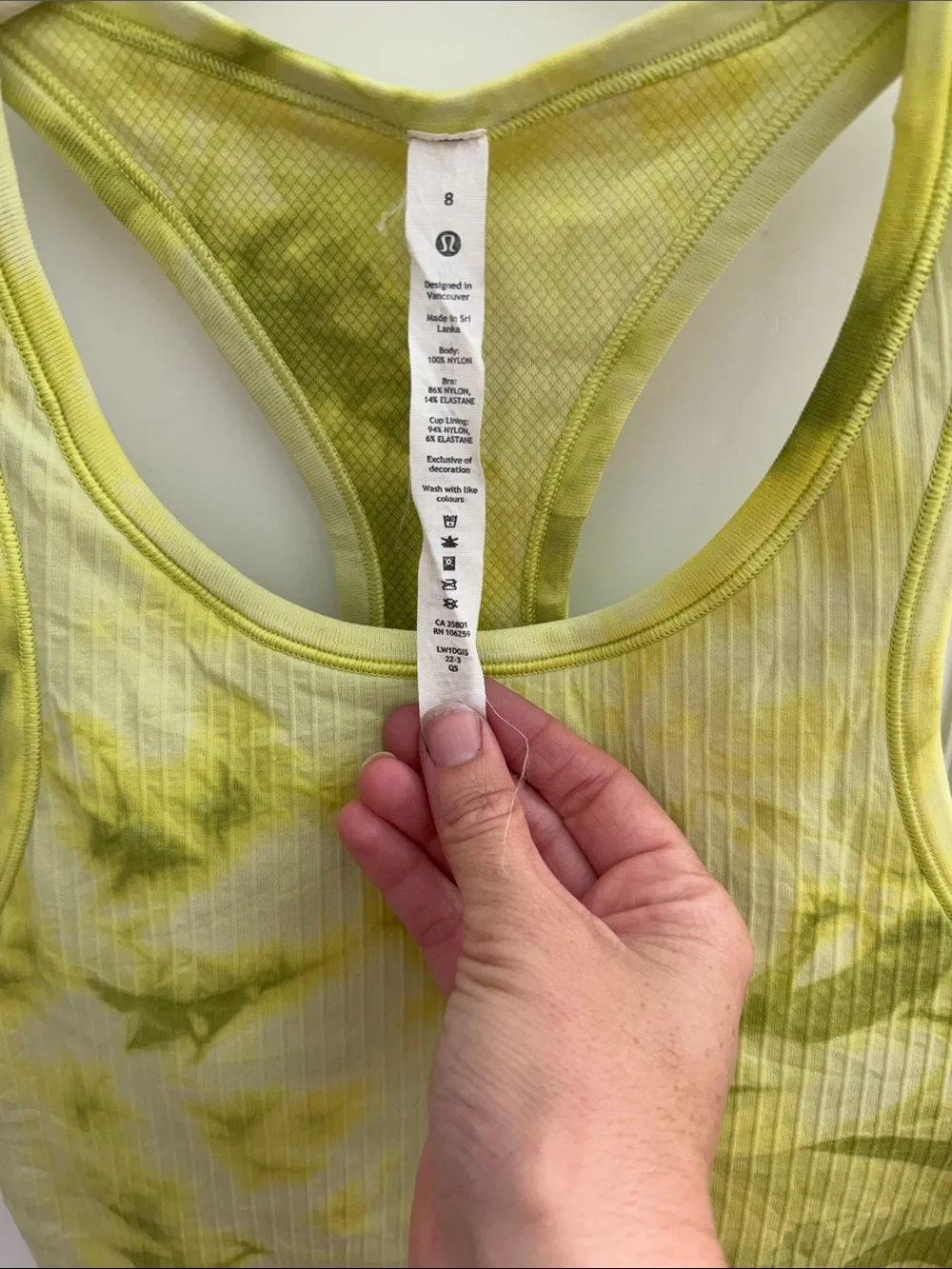 Lululemon Ebb to Street Yellow/Green Tie-Dye Ribbed Cropped Racerback Tank